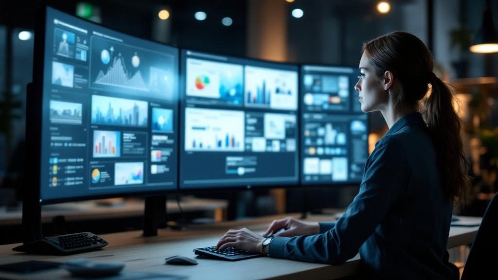 Professional using AI presentation tools to create slides on monitor