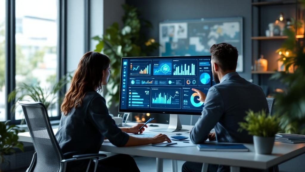 Team using AI tools for social media marketing in office