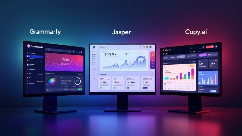 Grammarly vs Jasper vs Copy.ai comparison dashboard showing AI writing tools side by side