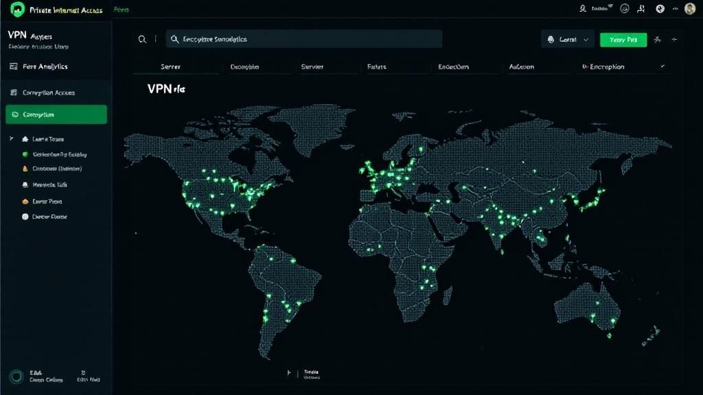 PIA VPN review dashboard with encryption and server controls